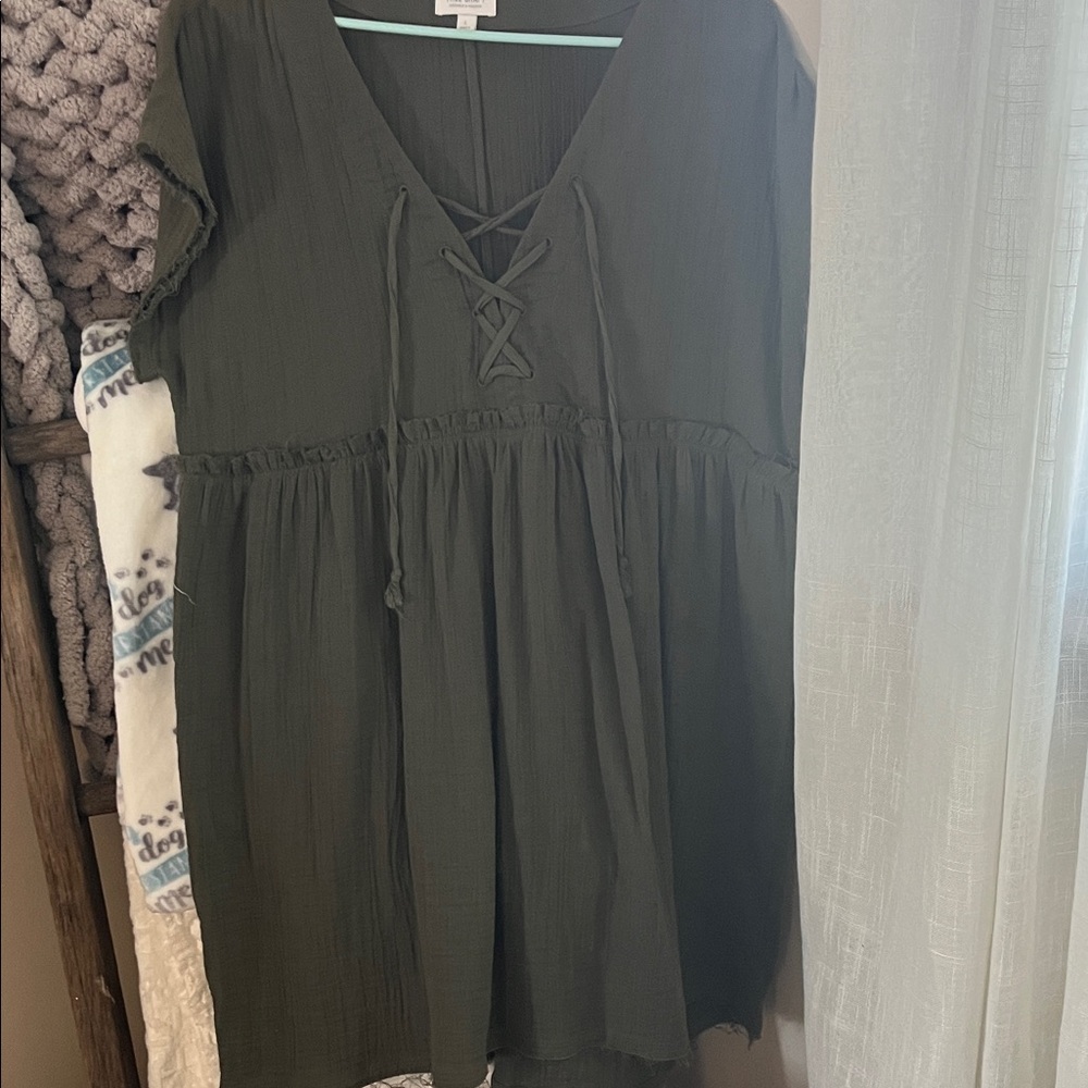 Women’s V-Neck Lace-Up Peasant dress in Dark Olive